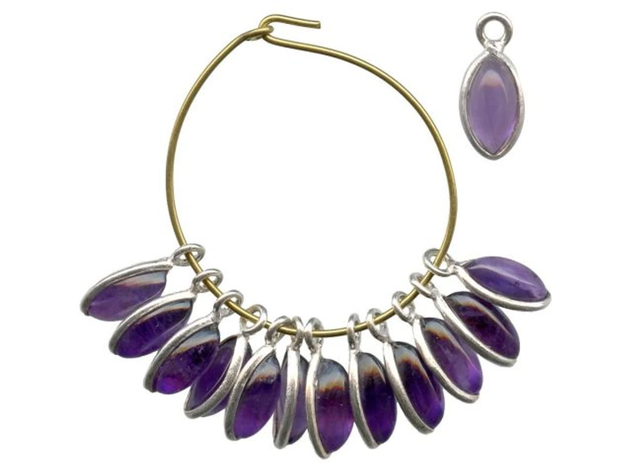 Amethyst/ Sterling Silver Charm, Navette Cabochon (12 Pieces) 1 Amethyst/ Sterling Silver Charm, Navette Cabochon (12 Pieces)