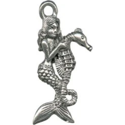 Antiqued Pewter Plated Charm, Cast, Mermaid With Seahorse (10 Pieces)